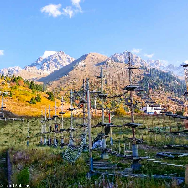 Climbing forest at Shymbulak Ski Resort, with incredible views of the Tien shan mountains in Kazakhstan