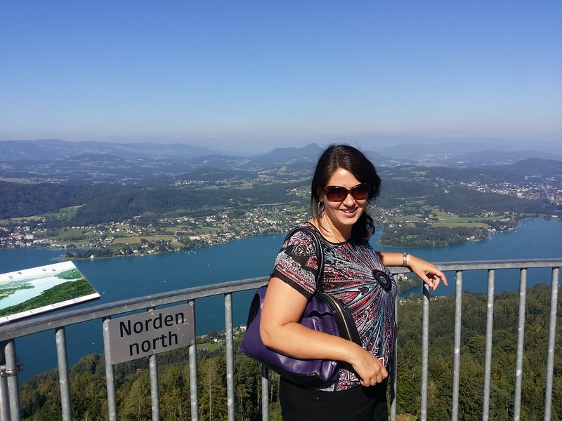 Me enjoying views of the Wörthersee from the Pyramidenkogel in Austria.