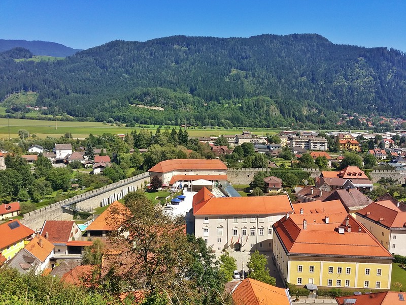 Friesach has an impressive well-preserved medieval city wall as seen from Petersberg (mountain).