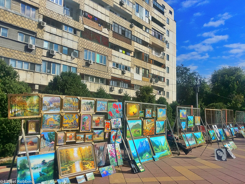 Art works along Zhybek-Zholy (Silk road) street in Almaty Kazakhstan