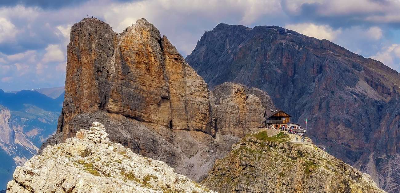 mountain hut in the Dolomites on the Alta Via 1 hiking trail in Italy