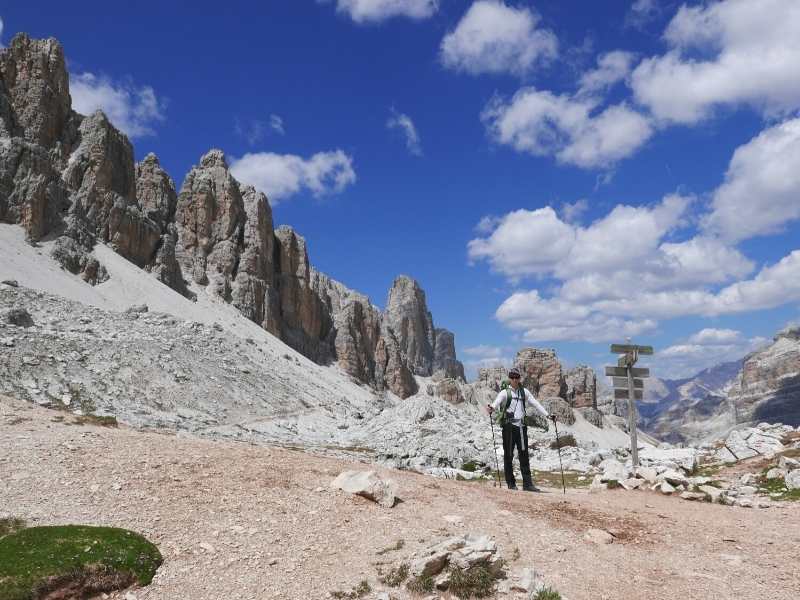 Hiker in the stunning Dolomites on the Alta Via 1 North in Italy