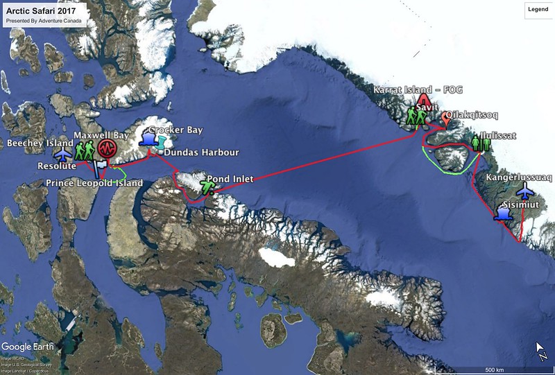 The route for our 2017 Arctic adventure from Greenland to Nunavut.