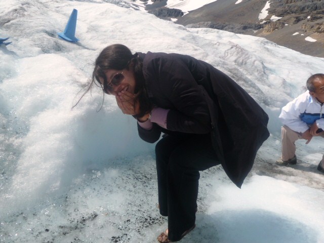 Drinking water at Athabasca Glacier on the Columbia Icefields