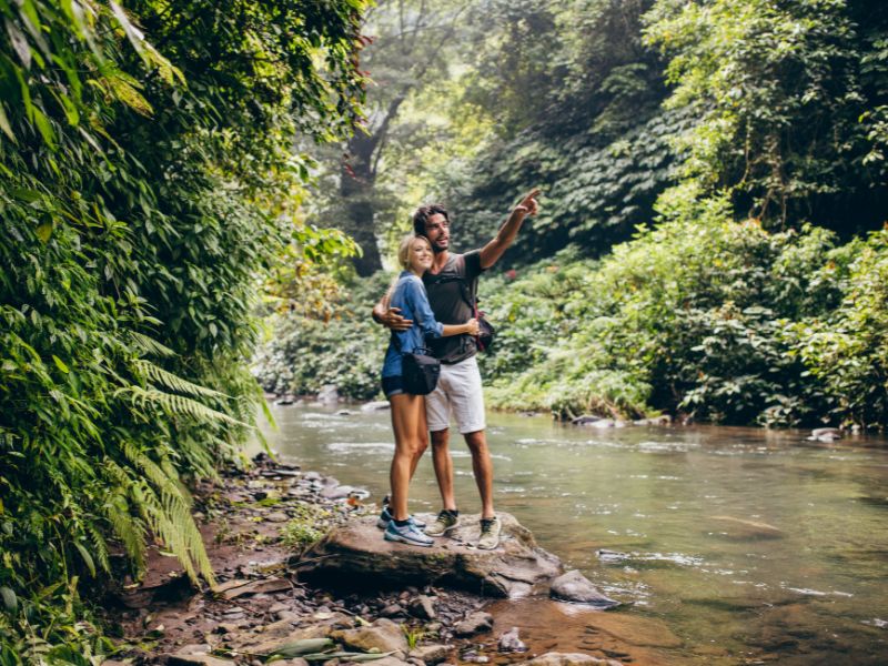 happy couple in their hiking date