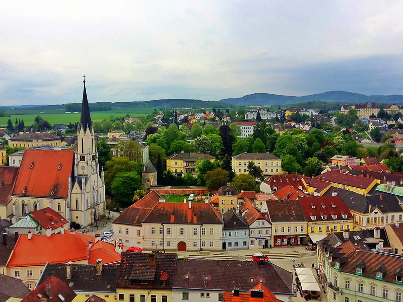 Danube river eurovelo 6 cycle route, view over Melk, from Melk Abbey