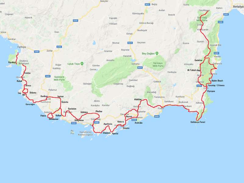 Dalaman to Kayakoy western lycian way hiking map