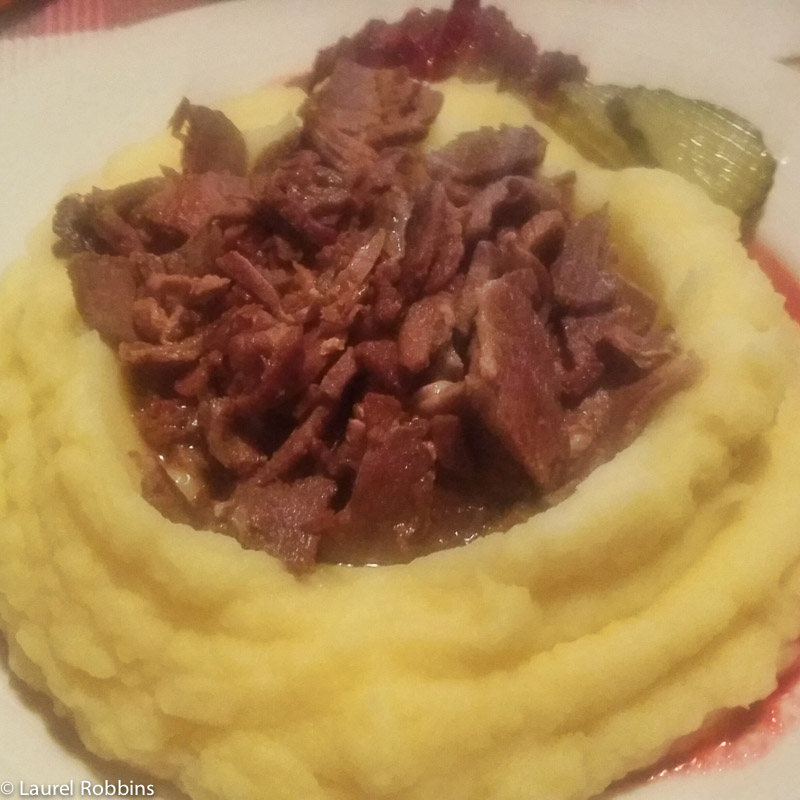 Finnish food reindeer and mashed potatoes at Hossa Reindeer Farm