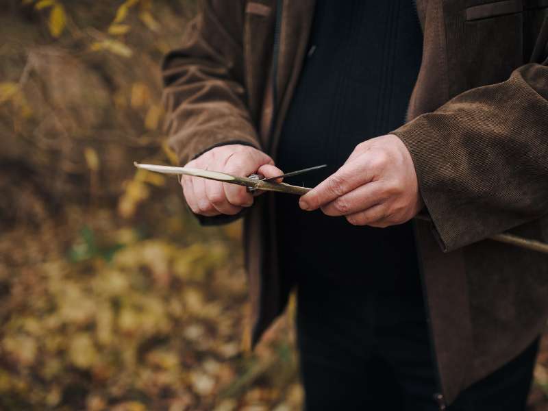 hiker uses a knife to sharpen a wooden stick