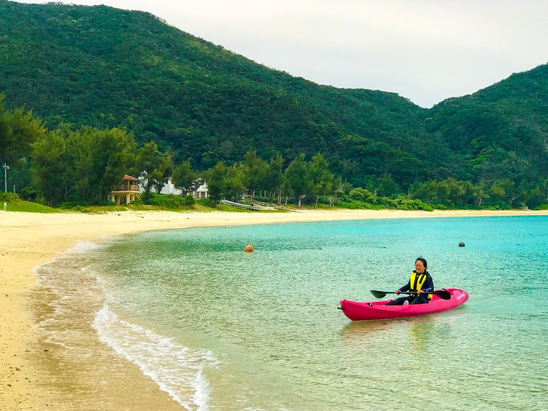 Kayaking on Tokashki Island in Okinawa, Japan.