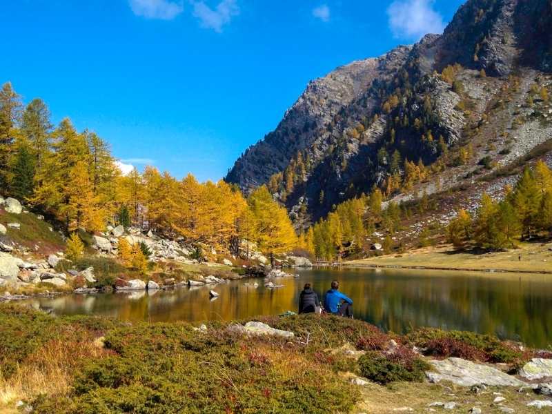 2 hikers at Lake Arpy near Morgex in the Aosta Valley