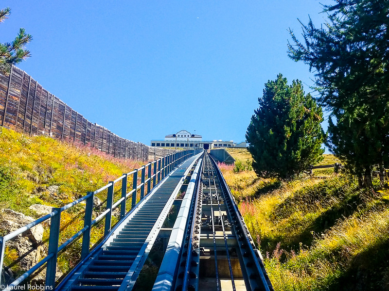 Muottas Muragl funicular in the Engadin mountains near St. Moritz, Switzerland