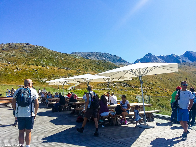 Panoramic restaurant at top of Muottas Muragl funicular in the Engagin mountains near St. Moritz, Switzerland.