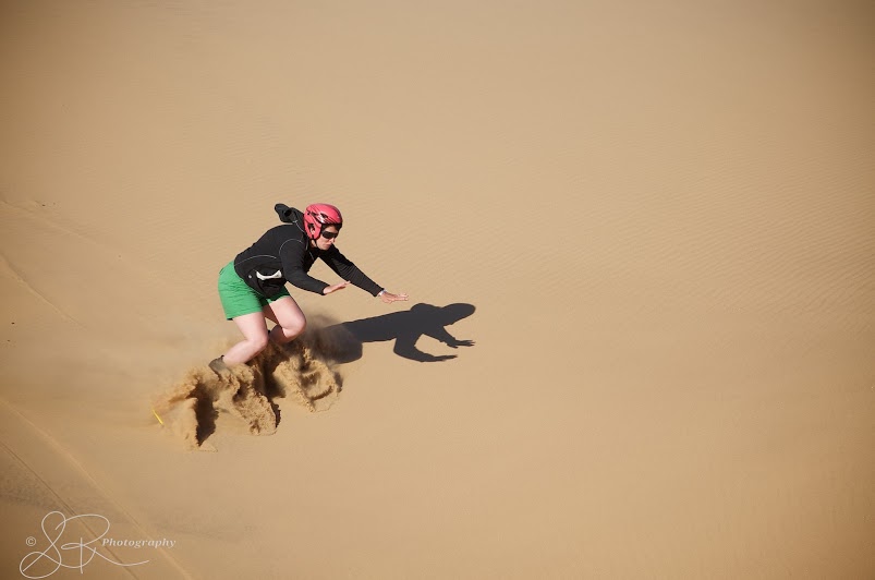 Laurel getting ready to fall into the Namib Desert.