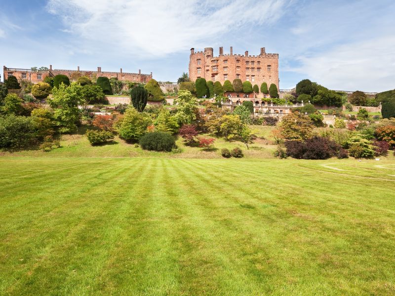 Powis Castle in Welshpool as seen from the Glyndwr's Way Walk, one of the best long distance walks in Wales, UK