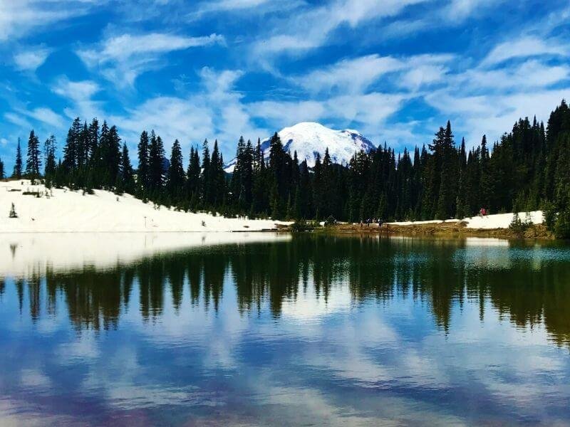 The hiking trail at Tipsoo Lake is easy and is perfect for a leisurely walk to enjoy the views of Mount Rainier