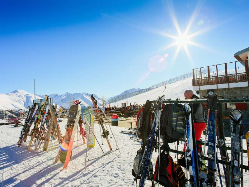 snowboards in a ski resort