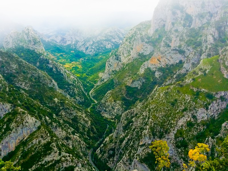 Looking down at the Cares River in the Garganta Divina Ravine in Picos de Europa National Park in the Cantabrian Mountains.