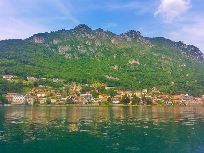 Villages and towns dot the shoreline of Lake Como, Italy.