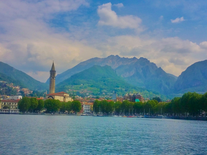 The distinctive mountain, Resegone and Lecco, as seen from Lake Como, Italy.