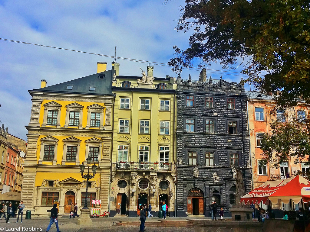 Rynok Square, part of Lviv's historic city centre which is a UNESCO World Heritage Site.