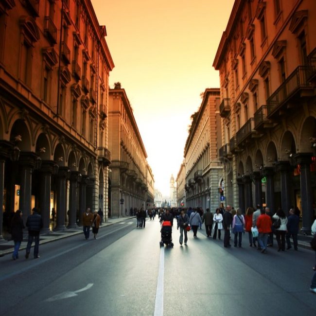 The streets of Turin at sunset