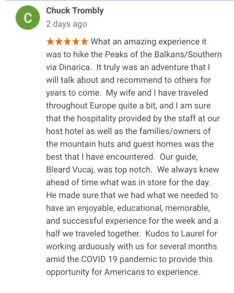 Client review of the Via Dinarica Hiking Tour