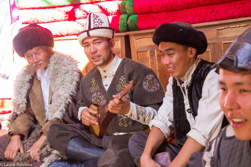 Impromptu jam session inside a musician's yurt. 