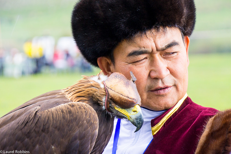 Falconer reassuring his bird at the World Nomad Games.