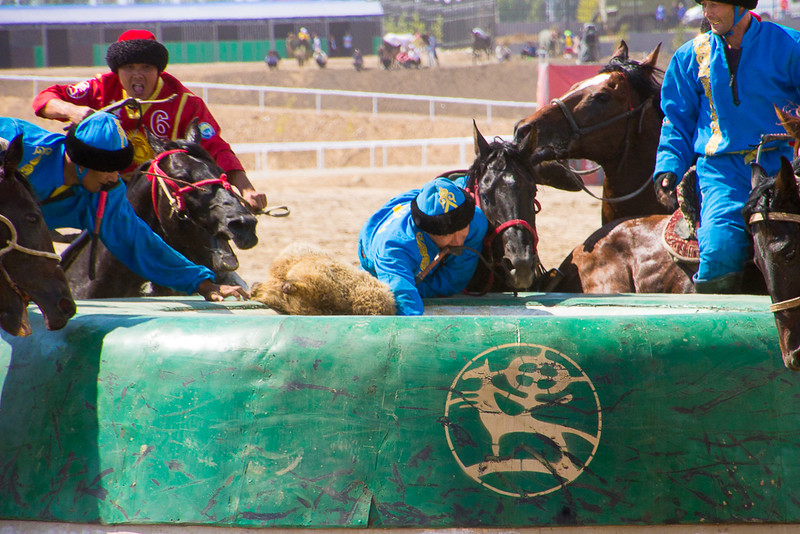 In Kok-boru a point is scored when the goat or sheep is thrown into the goal.