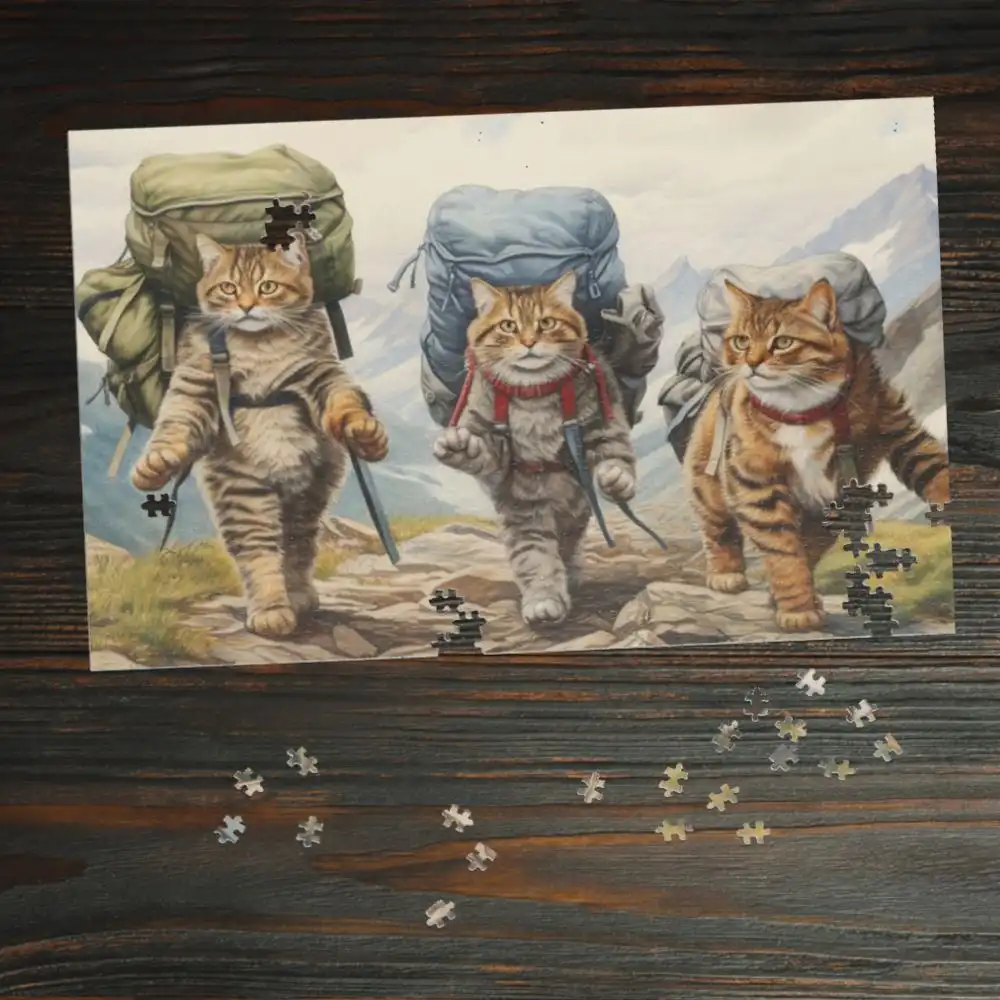 Meowtain Trails: Hiking Cat Jigsaw Puzzle | Backpacking Cats Art Puzzle