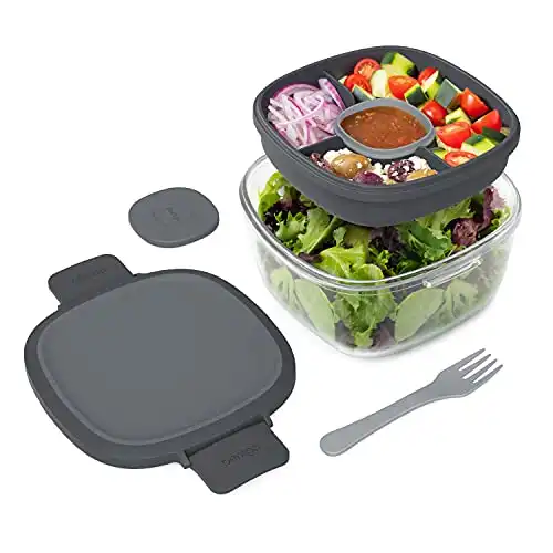 Bentgo® Glass – Leak-Proof Salad Container with Large 61-oz Salad Bowl, 4-Compartment Bento-Style Tray for Toppings, 3-oz Sauce Container for Dressings, and Built-In Reusable Fork (Dark Gray)