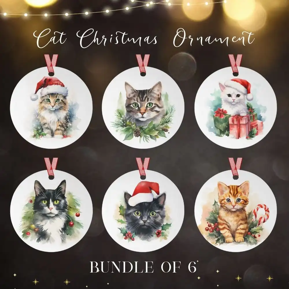 Whiskers Watercolor Cat Christmas Ornaments Collection of 6