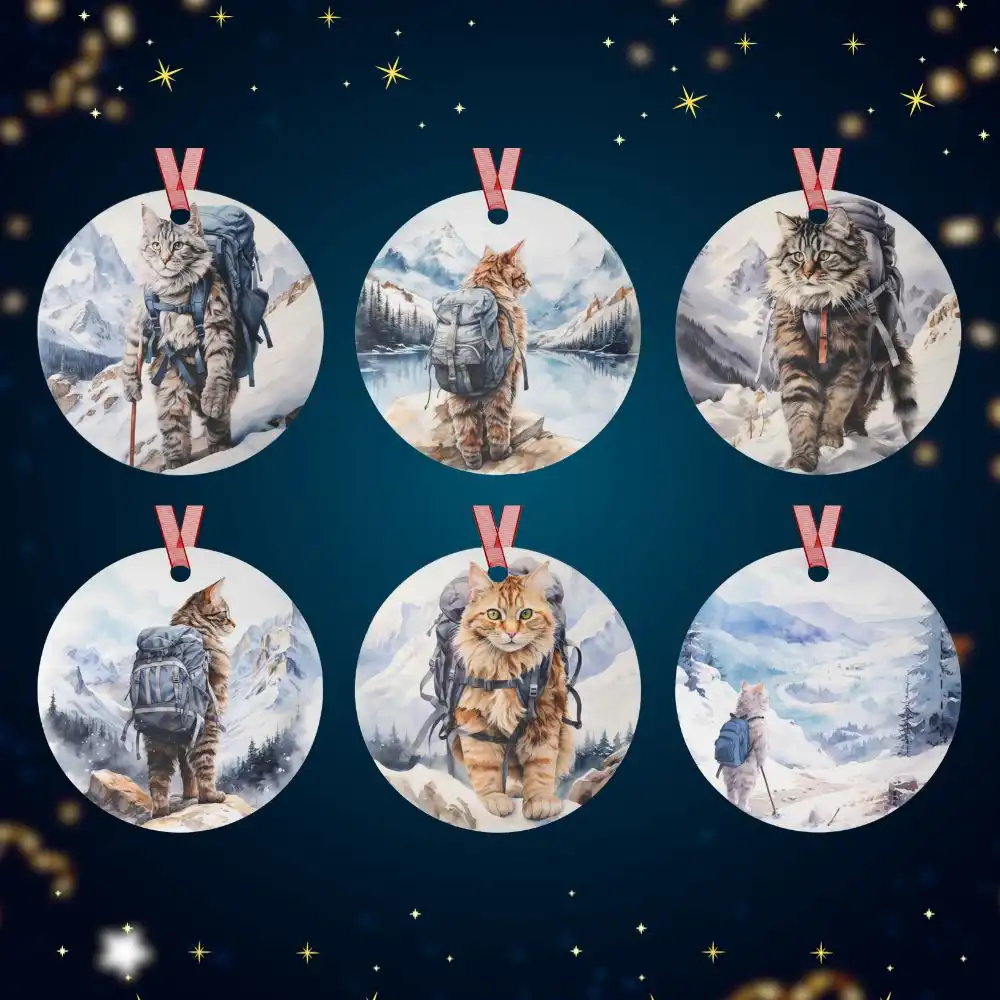 Fur-ever Snowy Tails: Hiking Cats Christmas Ornament Bundle of 6