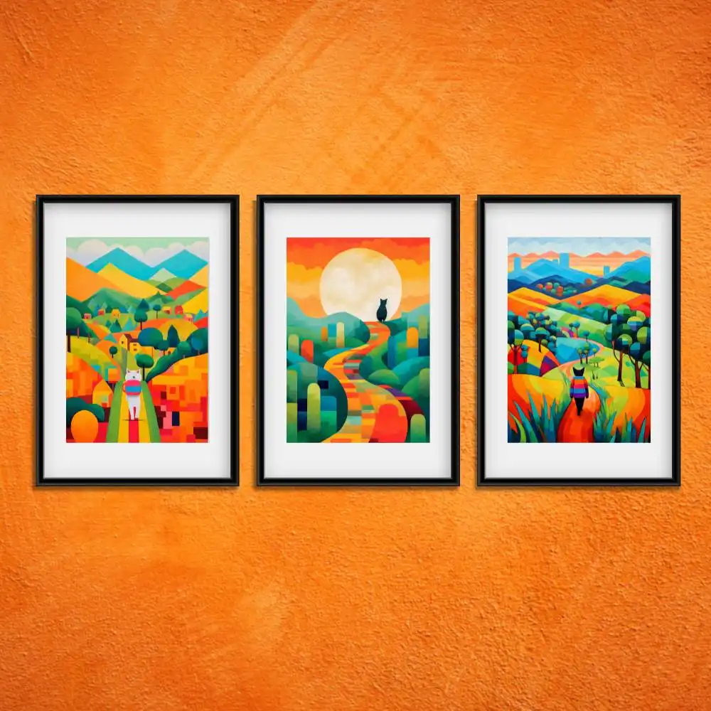 Trail-Blazing Tails: Vibrant Hiking Cat Wall Art Set of 3 (Printable)