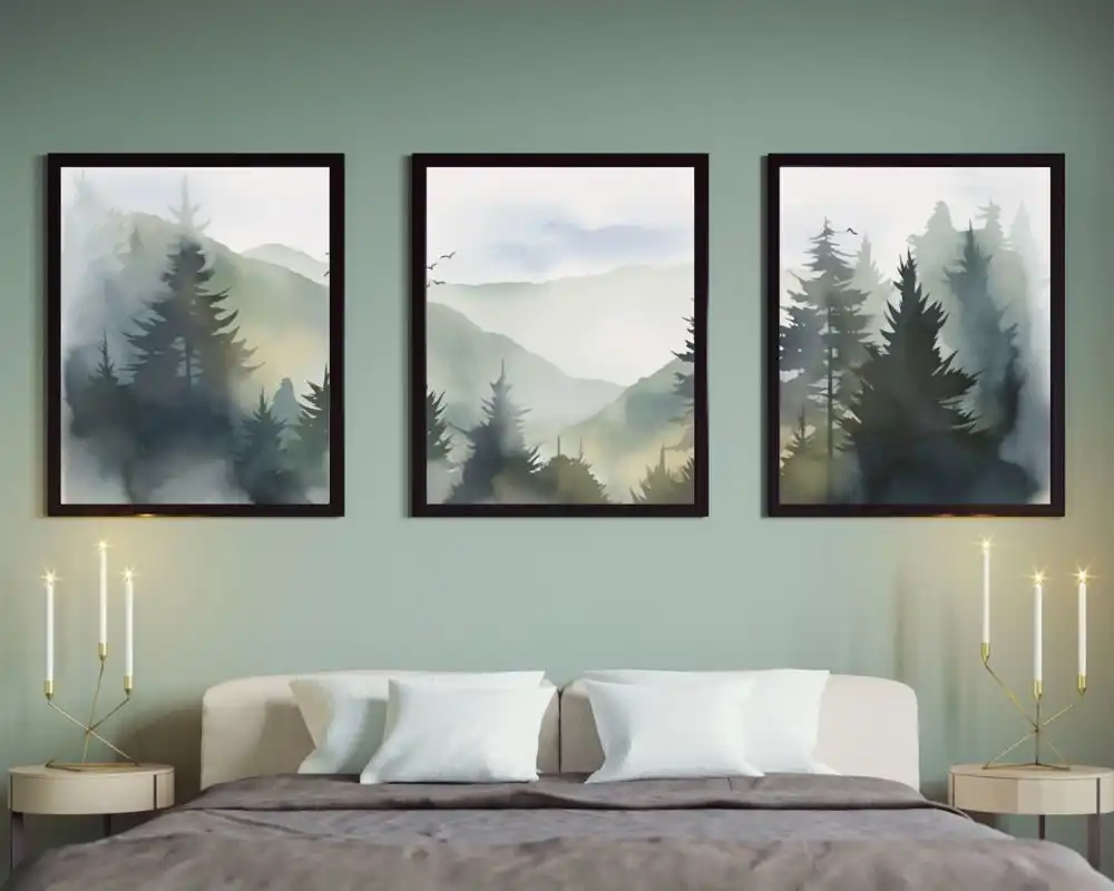 Green Watercolor Forest 3 Piece Wall Art | Printable Forest Triptych Wall Decor